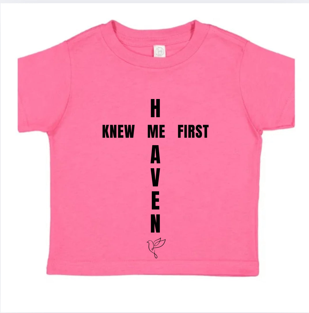 Christian Baby & Toddler Shirt – “Heaven Knew Me First” Cross Design – Faith-Based Unisex Tee, Religious Baby Gift